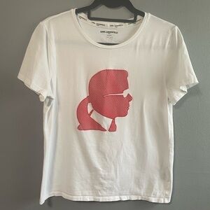 Karl Lagerfeld Paris red profile head logo t-shirt in white. Size Medium